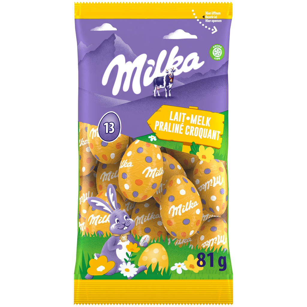 MILKA Huevos de chocolate con leche praliné avellana 81 g