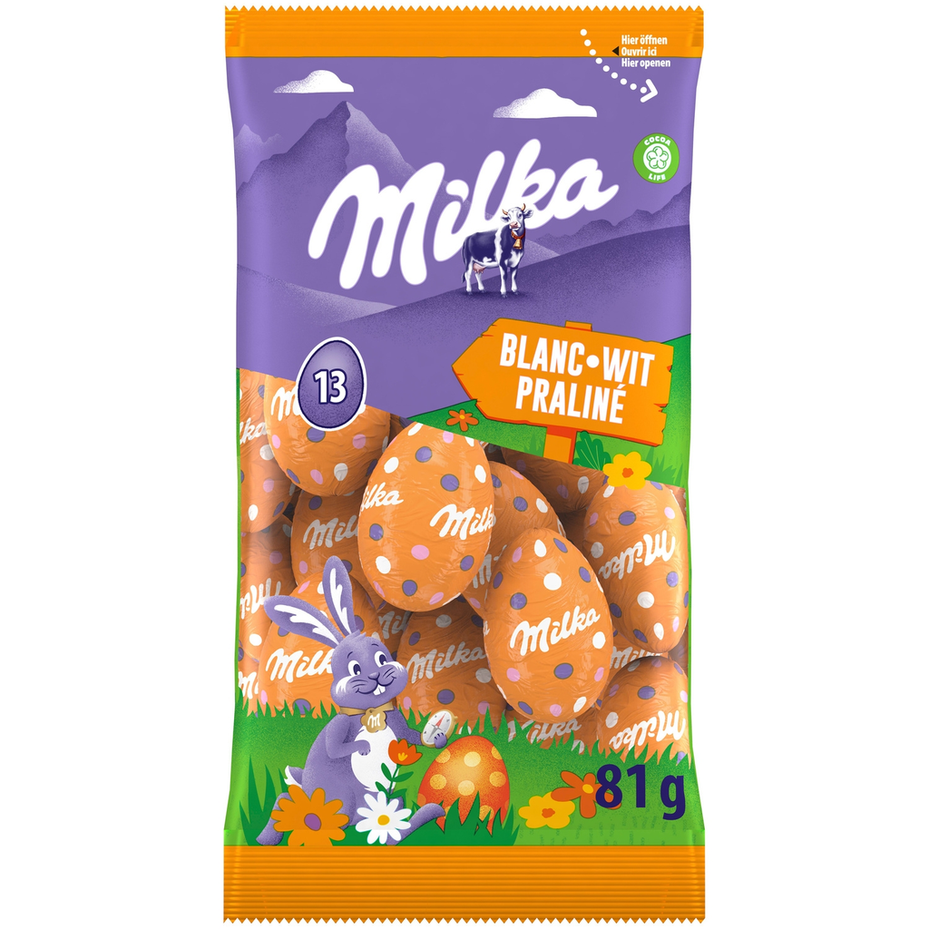 MILKA Oeufs fourrés au chocolat blanc et au praliné noisette 81 g