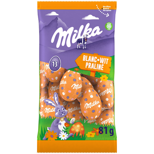 [7622202250620] MILKA Ovos recheados de chocolate branco e praliné de avelã 81 g