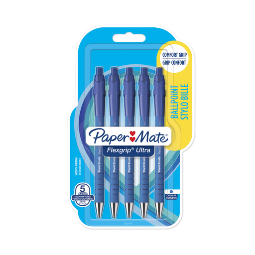 [8008285024997] PAPERMATE Stylo bille Flex Grip Ultra bleu pointe moyenne, lot de 5