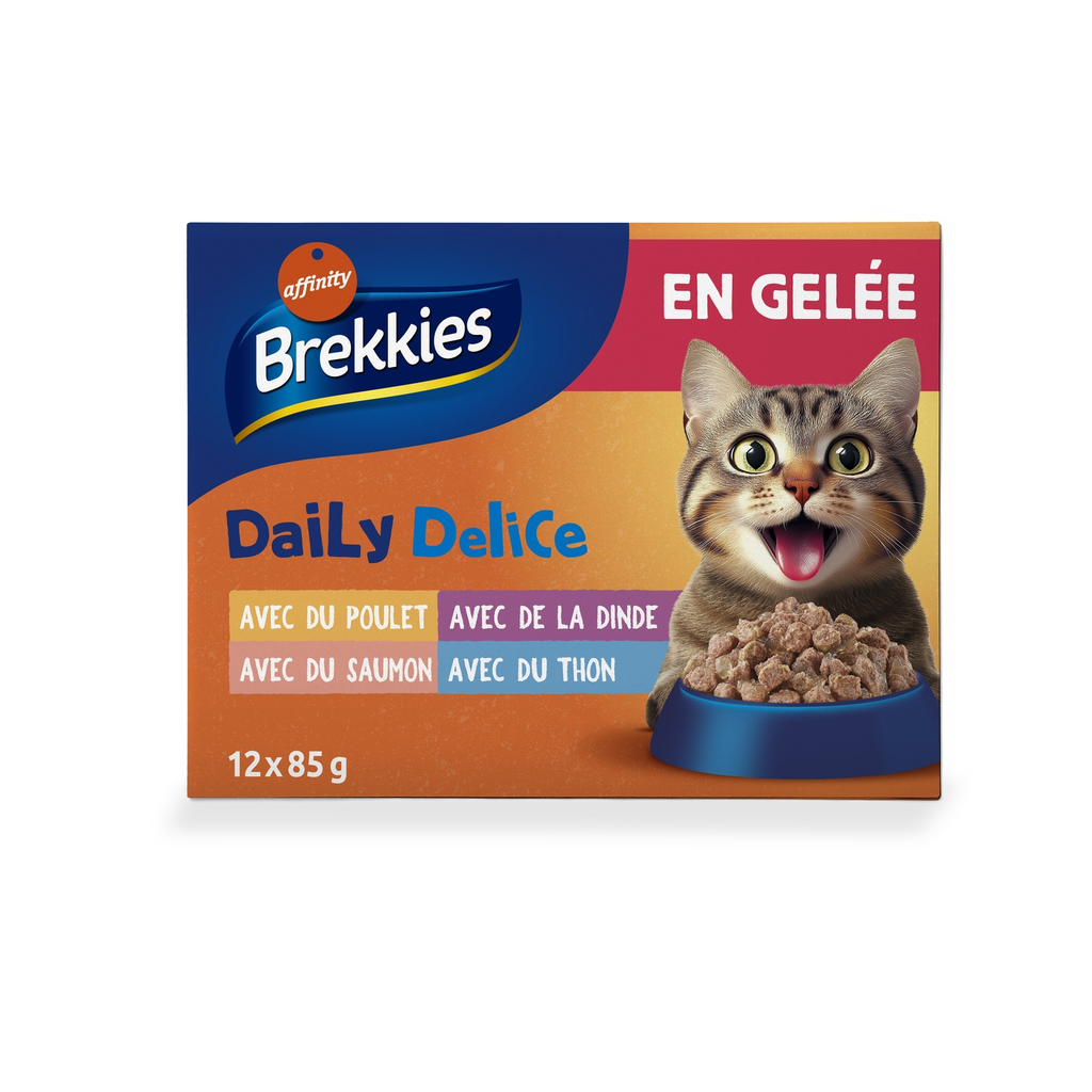 BREKKIES Daily Delice refeição em gelatina aves e peixes para gato 12 x 85 g
