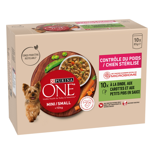 [8445290298539] PURINA ONE Repas à la dinde et aux légumes contrôle de poids pour petit chien 10 sachets de 85 g