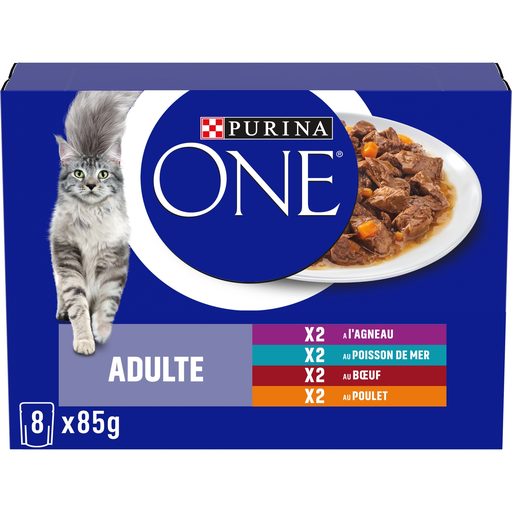 [8445290961310] PURINA ONE repas en sauce agneau poisson boeuf poulet pour chat adulte 8 x 85 g