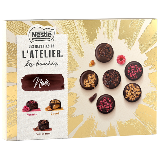 [8445291082793] LES RECETTES DE L'ATELIER Nestlé bocaditos de chocolate negro frambuesa, caramelo y habas de cacao 187 g