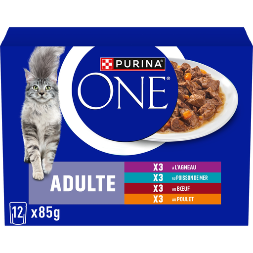 [8445291221314] PURINA ONE Pâtée Pour Chat Adulte En Sauce Agneau Poisson Boeuf Poulet 1,2 kg