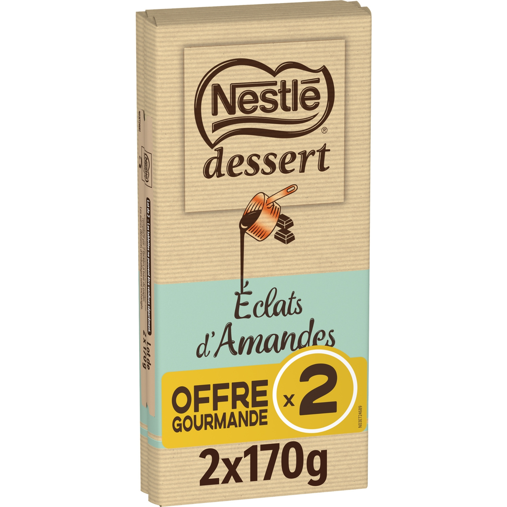 NESTLE DESSERT chocolat au lait éclats d'amandes, 2 x 170 g
