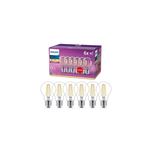 [8718696775059] PHILIPS 6 Lâmpadas E27 LED Transparentes 60W Branco Quente