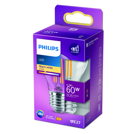 [8718699762315] PHILIPS Lâmpada LED Esférica E27 60W Branco Quente Transparente Vidro a unidade
