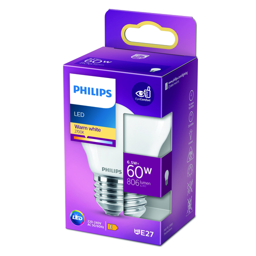 [8718699762858] PHILIPS Lâmpada LED Esférica E27 60W Branco Quente Vidro Fosco 1 unidade