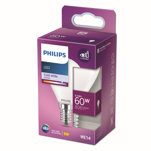 [8718699762872] PHILIPS LED Spherical Bulb E14 60W Cool White Frosted Glass 1 unit