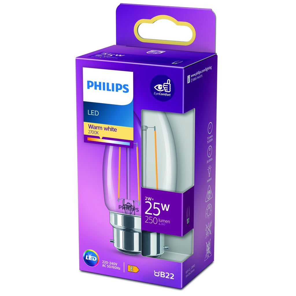 PHILIPS Bombilla LED Vela B22 25W Blanco Cálido Transparente Cristal unidad