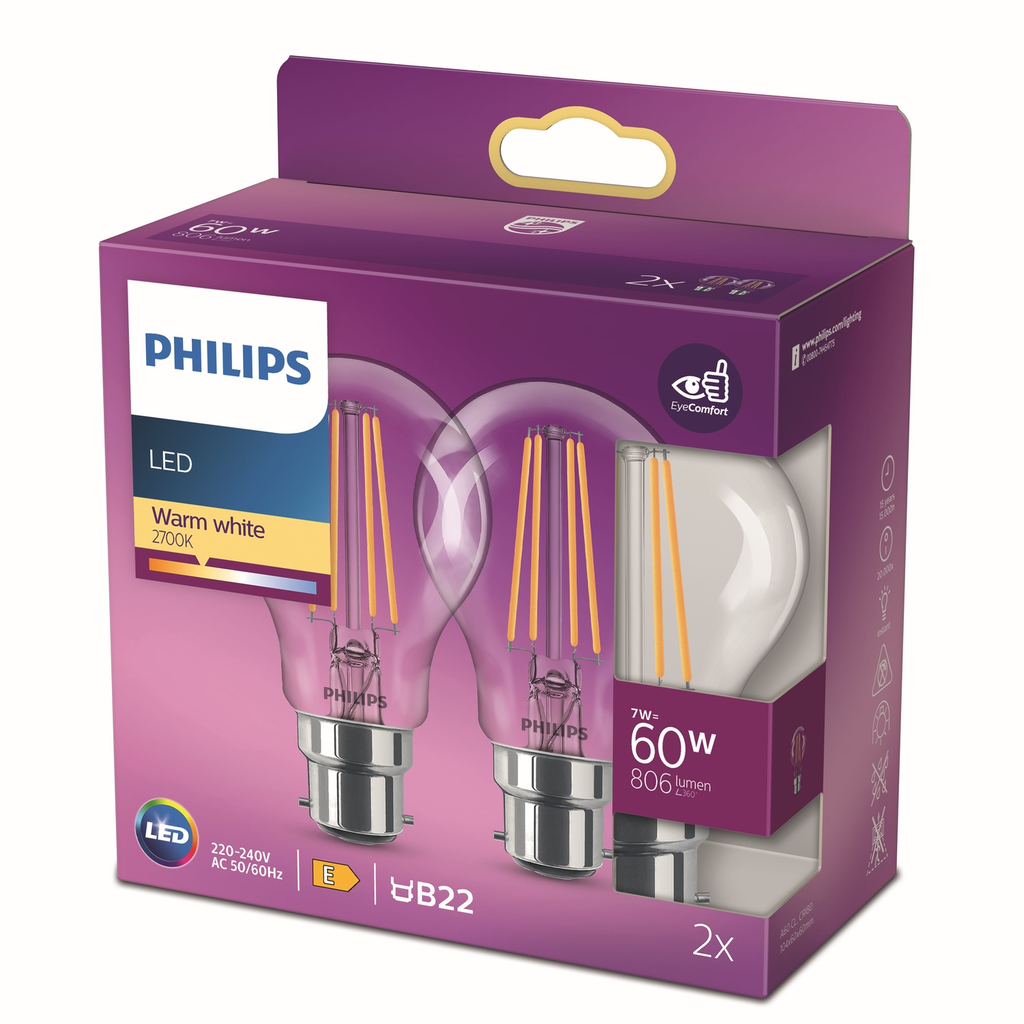 PHILIPS 2 LED Bulbs Standard B22 60W Warm White Clear Glass 2-pack
