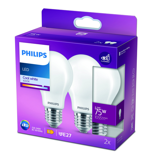 [8718699763657] PHILIPS Lâmpadas LED Standard E27 75W Branco Frio Mate, lote de 2 lâmpadas