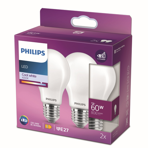 [8718699763732] PHILIPS 2 Lâmpadas LED Standard E27 60W Branco Frio Fosca, o lote de 2 lâmpadas