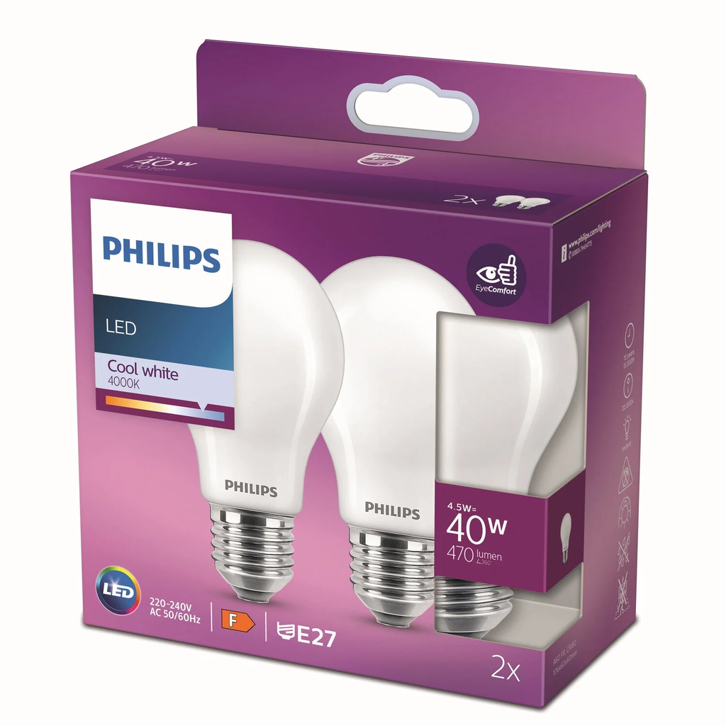 PHILIPS LED Bulb E27 Standard Cool White 40W pack of 2