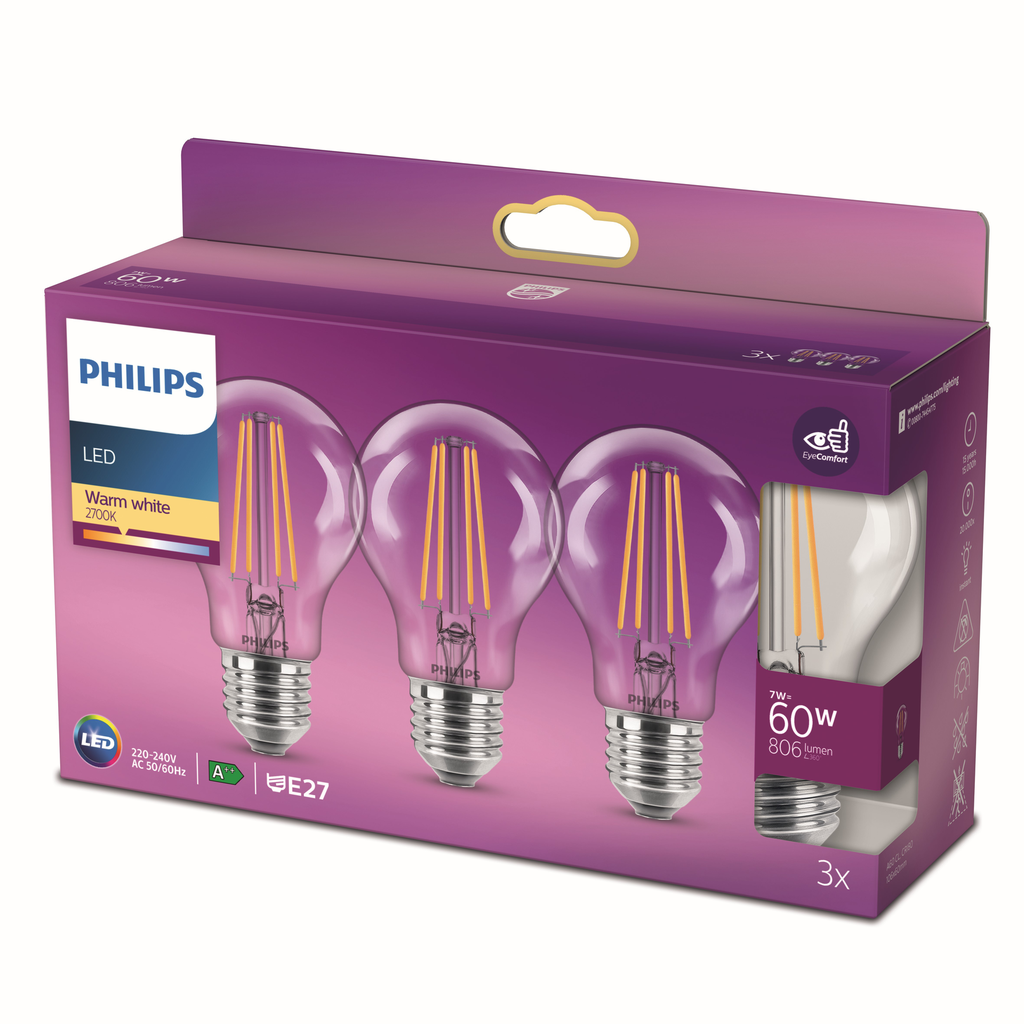 PHILIPS Ampoules LED Standard E27 60W Blanc Chaud Claire Verre - Lot de 3