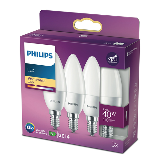 [8718699773175] PHILIPS Lâmpada LED E14 Chama Branco Quente 40W x3
