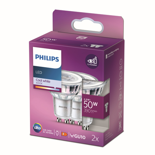 [8718699776299] PHILIPS 2 Lâmpadas LED Spot GU10 50W Branco Frio Vidro (lote de 2)