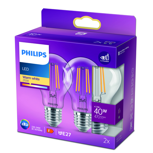 [8718699777593] PHILIPS 2 Lâmpadas LED STANDARD 4.3W (40W) E27 Vidro Branco Quente pack de 2