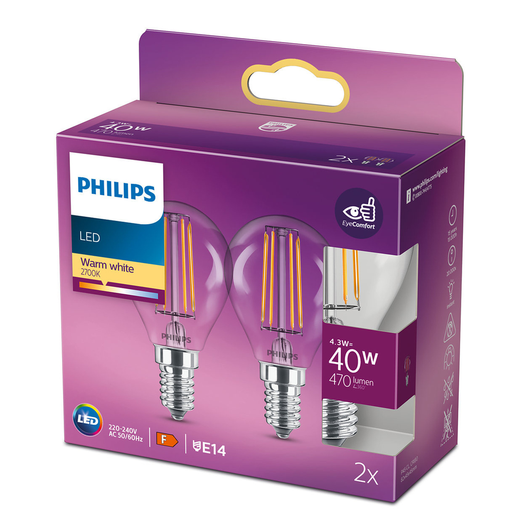 PHILIPS Ampoules LED Sphérique E14 25W Blanc Chaud Dépolie le lot de 2 ampoules