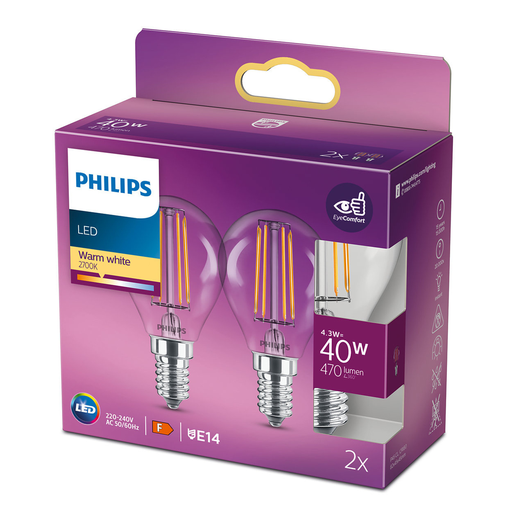 [8718699777630] PHILIPS Lâmpadas LED Esféricas E14 25W Branco Quente Mate pack de 2
