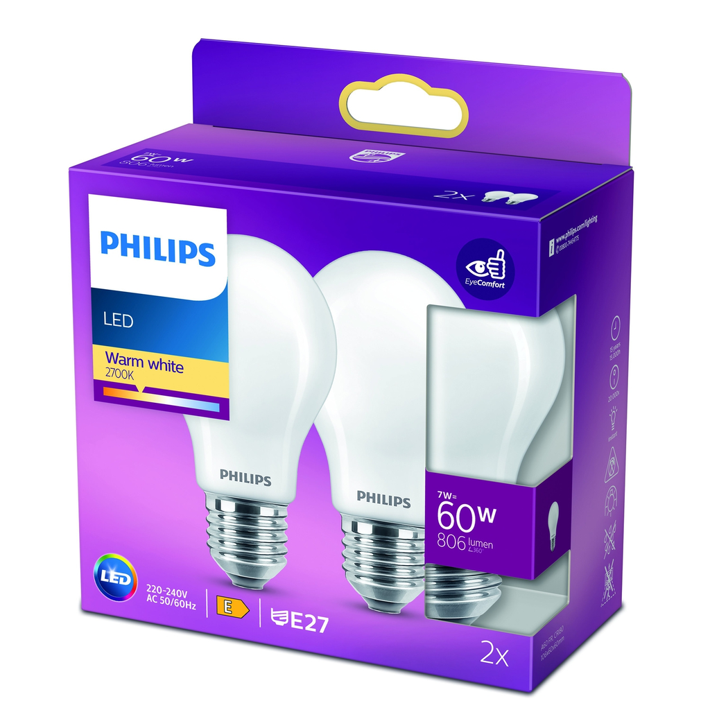 PHILIPS 2 Lâmpadas LED Standard E27 60W Branco Quente Mate, o lote de 2 lâmpadas