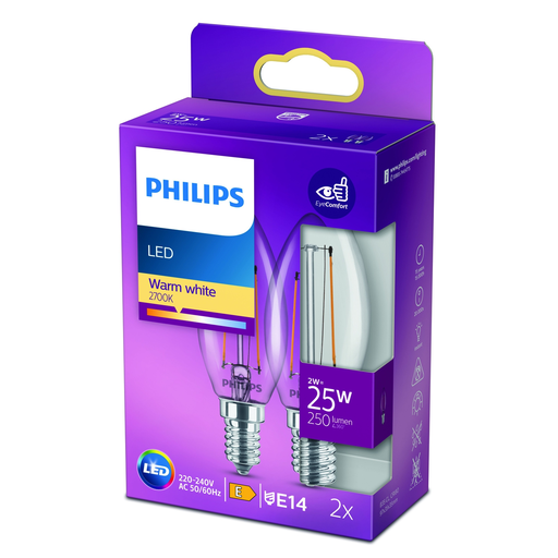 [8718699782054] PHILIPS LED Bulb E14 Flame Warm White 25W pack of 2