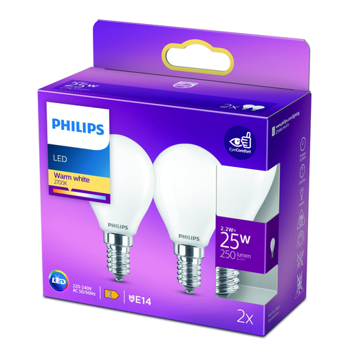 [8718699782092] PHILIPS Lâmpada LED E14 Esférica Branco Quente 25W x2