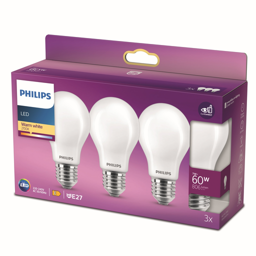 [8719514266759] PHILIPS Standard LED Bulbs E27 60W Warm White Frosted Glass, pack of 3 bulbs