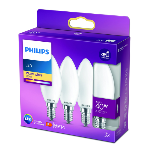 [8719514272170] PHILIPS LED Bulb E14 Flame Warm White 40W pack of 3