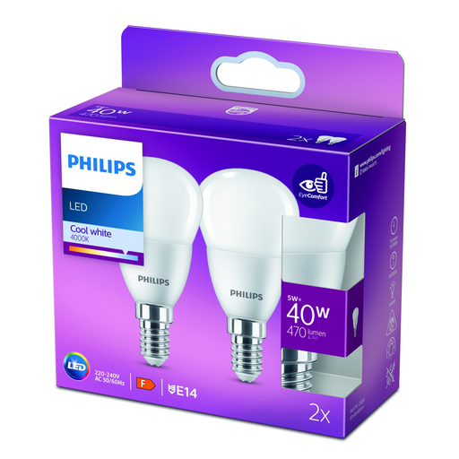 [8719514310155] PHILIPS 2 LED Spherical Bulbs E14 40W Cool White Frosted, pack of 2 bulbs