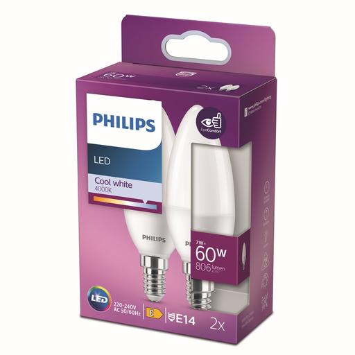 [8719514310216] PHILIPS Ampoules LED Flamme E14 60W Blanc Froid Dépolie le lot de 2 ampoules