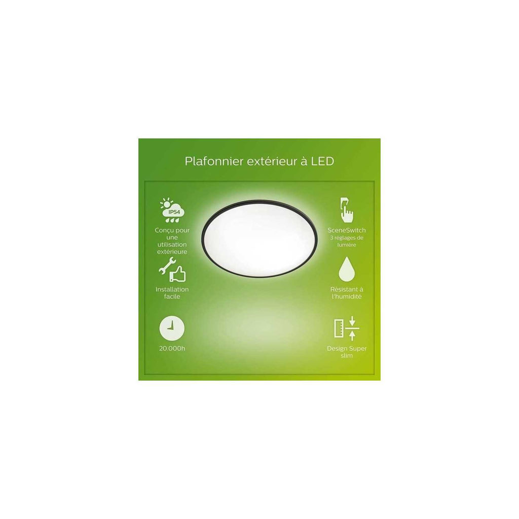 PHILIPS Plafonnier LED Superslim métal noir Ø250mm 15W