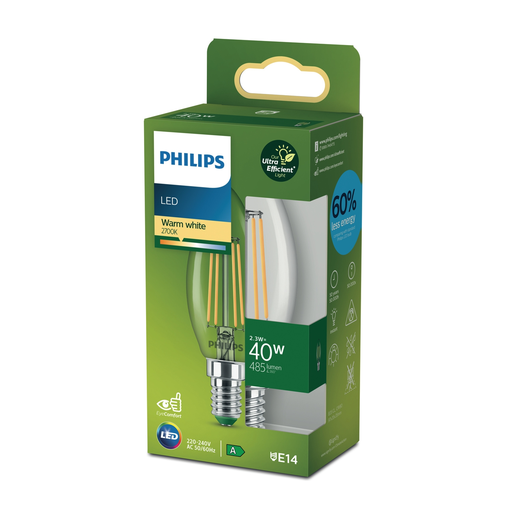 [8720169310636] PHILIPS Ampoule Led Flamme E14 Blanc Chaud 40W la boite