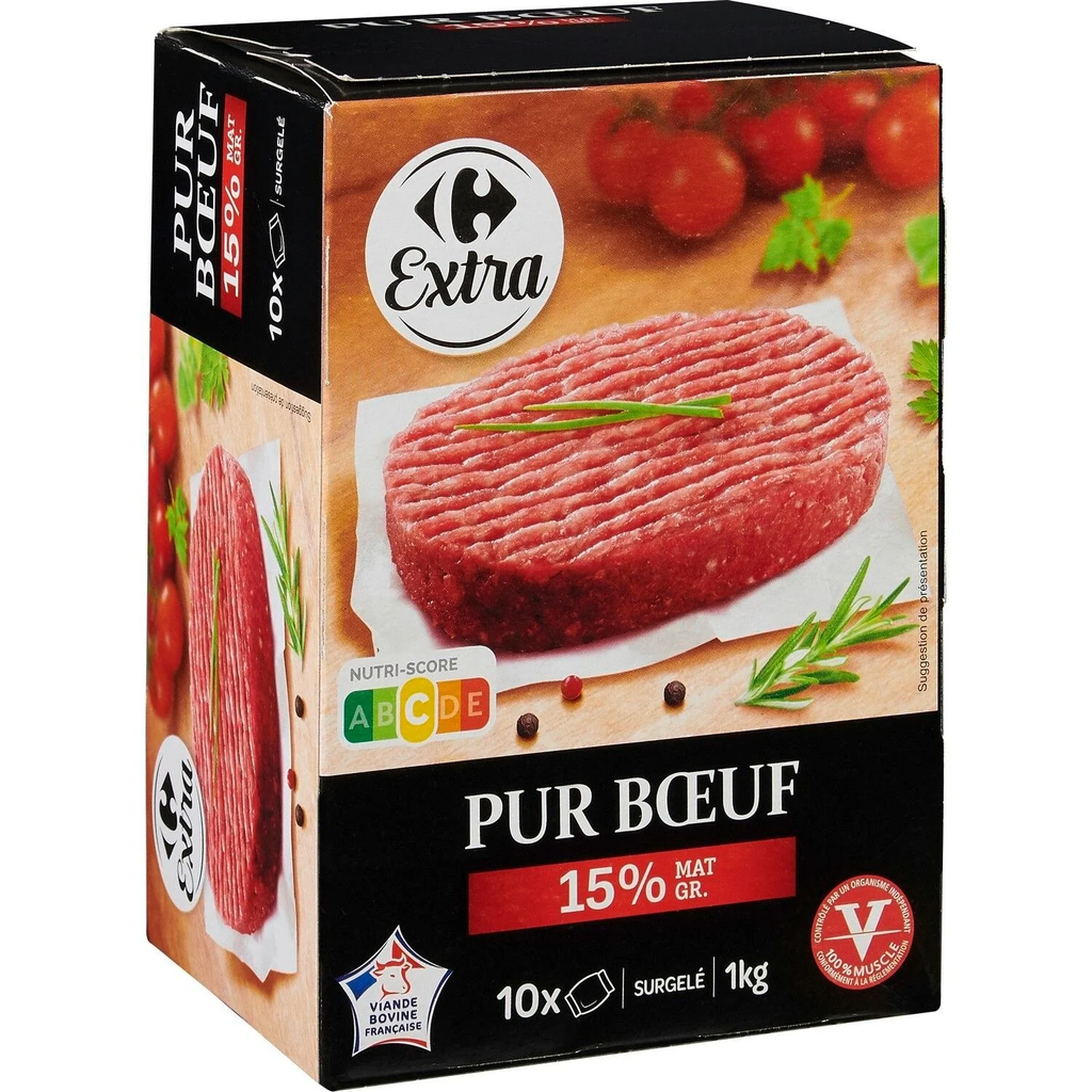 CARREFOUR Hambúrgueres de vaca 15% MG EXTRA 100 g