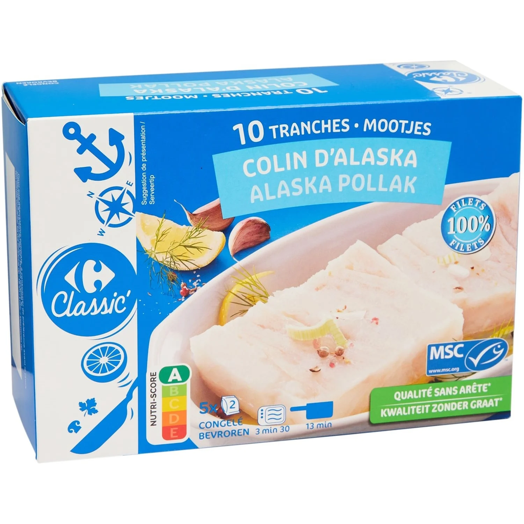 CARREFOUR CLASSIC Filetes de escamudo do Alasca MSC 10 fatias 100 g