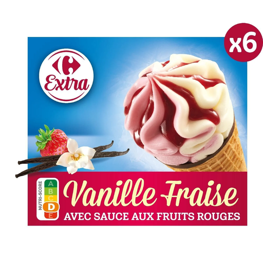 [3270190217671] CARREFOUR Ice Cream Cones Strawberry Vanilla EXTRA box of 6 - 404g