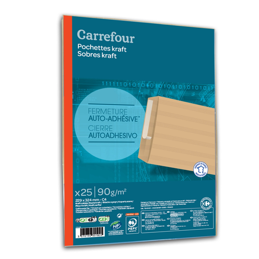 [3270190301820] CARREFOUR Envelopes de papel kraft C4, lote de 25 envelopes