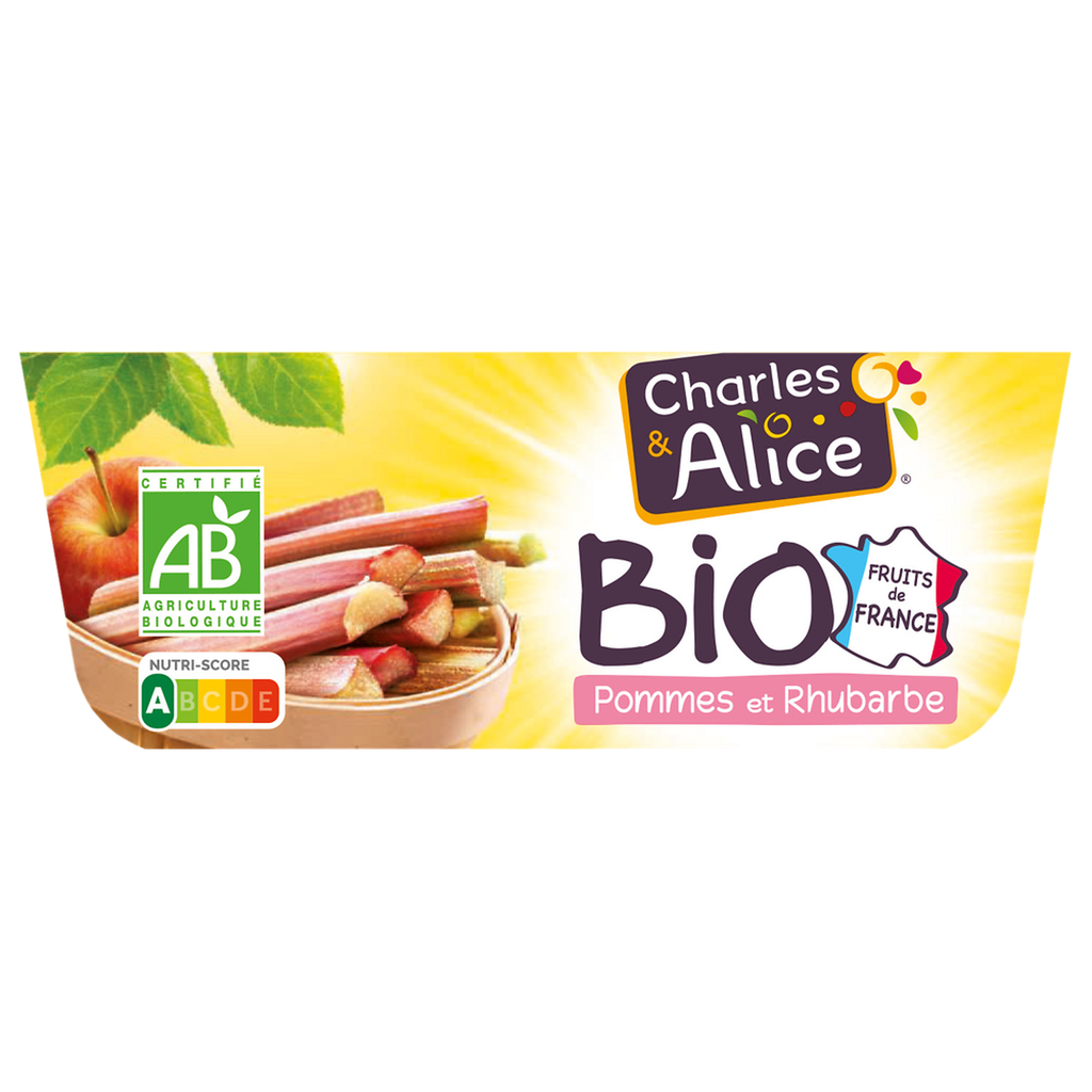 CHARLES & ALICE Postre de frutas Bio Manzana Ruibarbo 4 vasos de 95 g