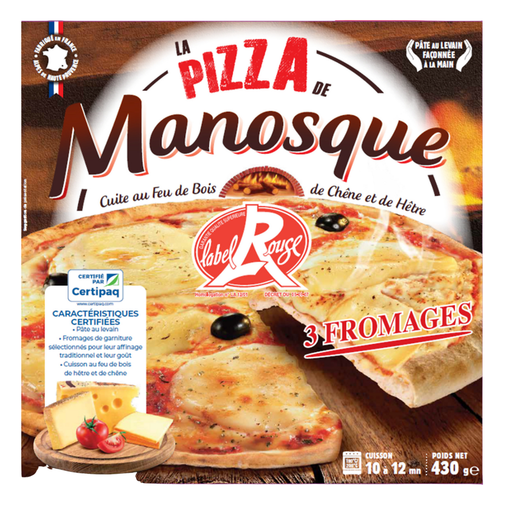 LA PIZZA DE MANOSQUE Pizza Label Rouge 3 Fromages cuite au feu de bois 430 g