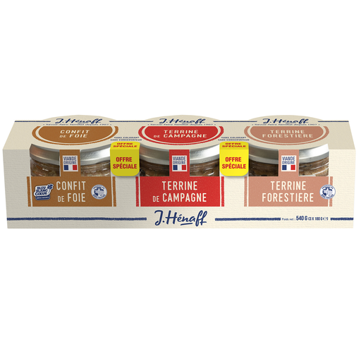 [3537580701364] HENAFF Surtido de terrina de campo y forestal y confit de hígado 3 tarros de 180 g