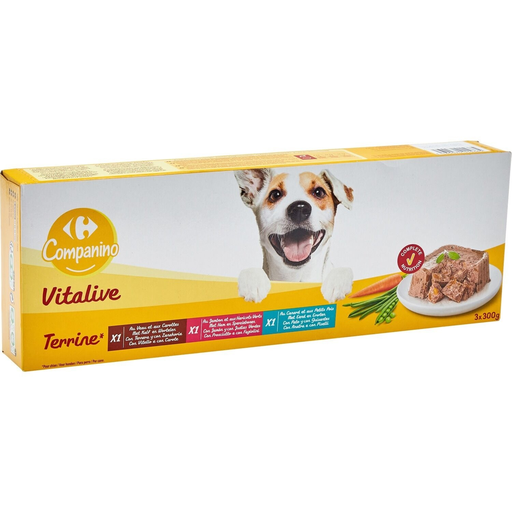 [3560070015665] CARREFOUR Pâtée Pour Chien Adulte Terrine Veau Carotte Canard Petits Pois Jambon Haricot Vert 3x300g