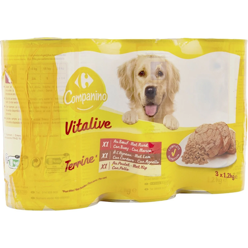 [3560070118090] CARREFOUR Pâtée pour chien adulte Vitalive bœuf agneau poulet 3 boîtes de 1,2 kg