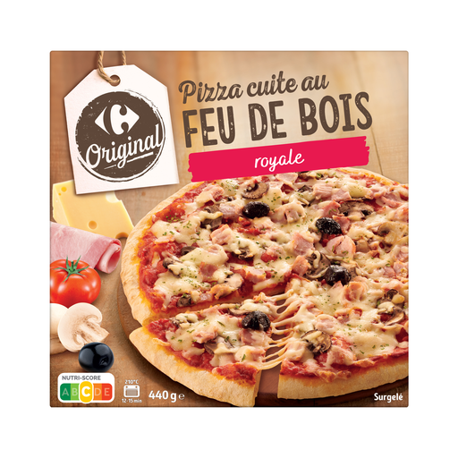 [3560070134564] CARREFOUR Pizza cuite au feu de bois royale au jambon cuit supérieur, champignons de Paris et maasdam 440 g
