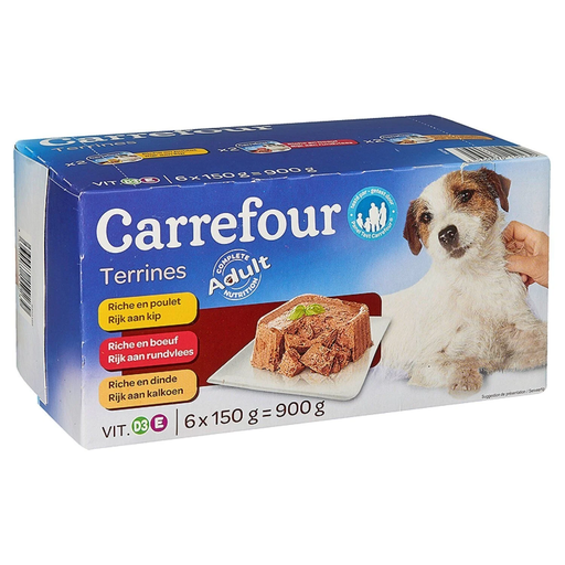 [3560070159239] CARREFOUR Pâtée Pour Chien Adulte Terrine Poulet Boeuf Dinde COMPANINO 6 barquettes de 150 g