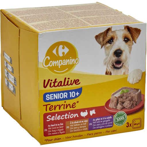 [3560070562756] CARREFOUR Pâtée Pour Chien Sénior Terrine Boeuf Foie Dinde Veau Gibier 3x300g