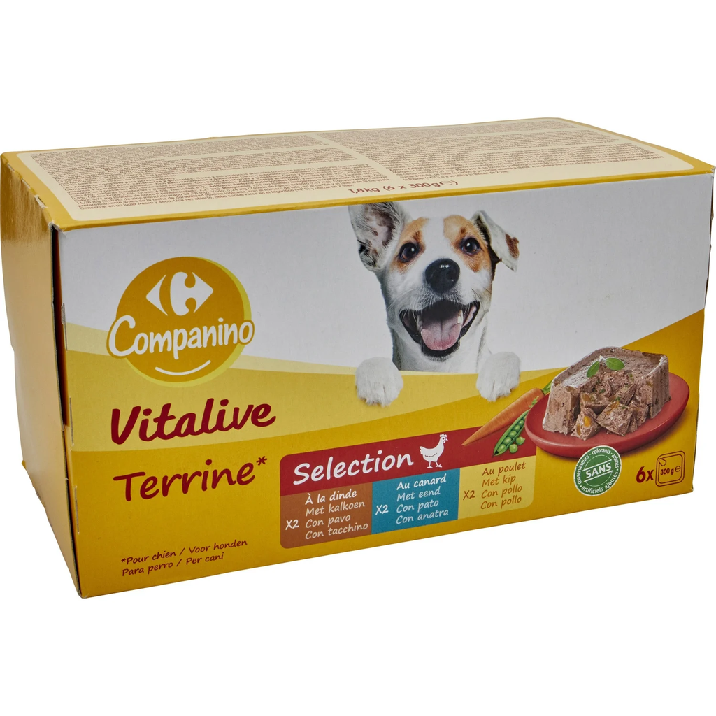 CARREFOUR Pâtée Pour Chien Adulte Terrine Poulet Dinde Canard Vitalive COMPANINO 6 barquettes de 300 g