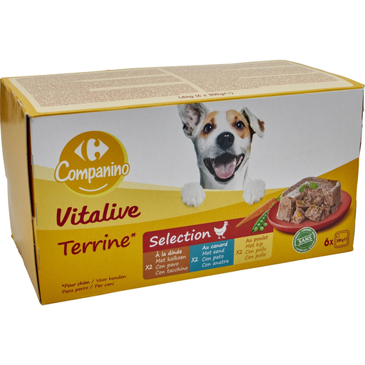 [3560070806126] CARREFOUR Pâtée Pour Chien Adulte Terrine Poulet Dinde Canard Vitalive COMPANINO 6 barquettes de 300 g