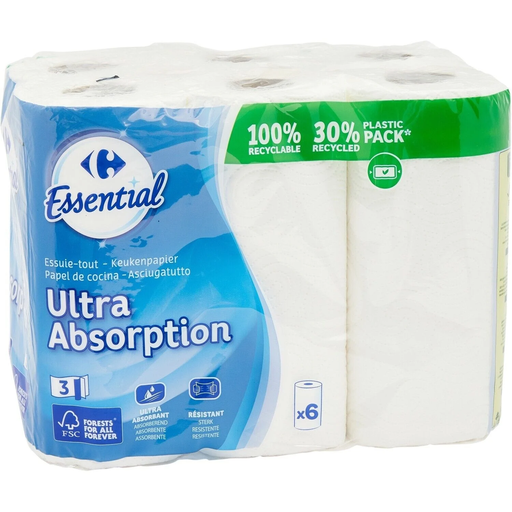 [3560070818822] CARREFOUR Essuie-Tout Ultra Absorption Blanc 6 rouleaux