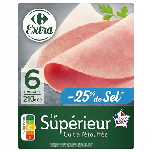 [3560070946341] CARREFOUR Steamed Cooked Ham, Sliced, Fat-Reduced and Reduced Salt Content 210 g